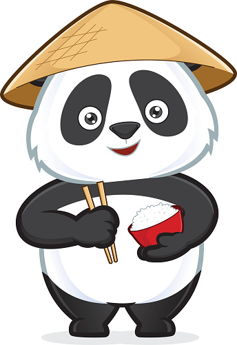 Panda holding a bowl of rice and chopsticks