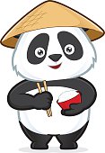 Clipart picture of a panda cartoon character holding a bowl of rice and chopsticks