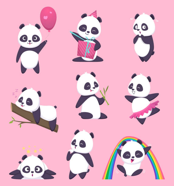 illustrations, cliparts, dessins animés et icônes de les enfants pandas. petits animaux doux drôles d'ours dans l'action pose des caractères de dessin animé de vecteur - panda