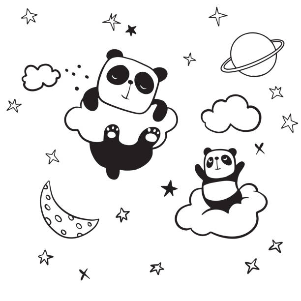Panda Pattern Background, Happy cute panda flying in the sky between...