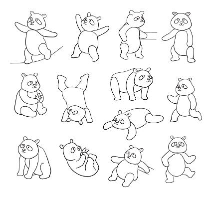 Panda bear pose. Vector doodle set.