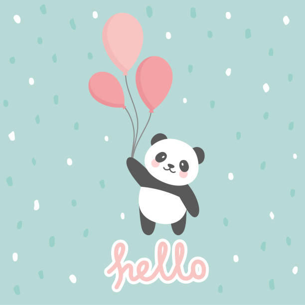 Panda vector print, baby shower card Hello panda with balloon cartoon illustration,  greeting card, kids cards for birthday poster or banner, cartoon invitation romance book cover stock illustrations