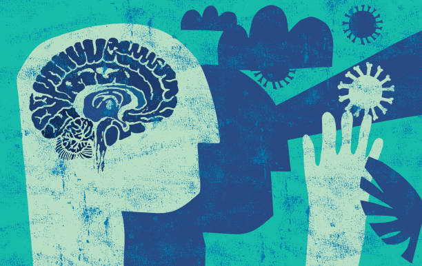 Pandemic Anxiety Grunge flat illustration composed from elements that are hand drawn or cut out with scissors depicting pandemic anxiety. Illustration is showing head with brain which shadow is looking into uncertain future related with pandemic. pandemic illness stock illustrations
