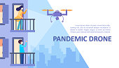 Pandemic drone for detect virus Symptoms COVID-19 and verification of the requirements of self-isolation and quarantine of pricoron viruses. people on the balconies wave the copter. Vector web site.