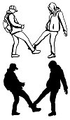 Friends meeting and doing a footshake instead of a handshake in order to remain safe from a virus like covid-19