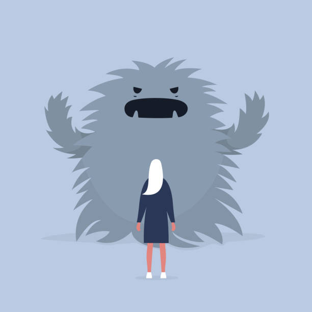 ilustrações de stock, clip art, desenhos animados e ícones de panic attack. face the fear.  psychological issues. phobia, dealing with the stress. huge monster trying to scare a character. flat editable vector illustration, clip art - eye contact