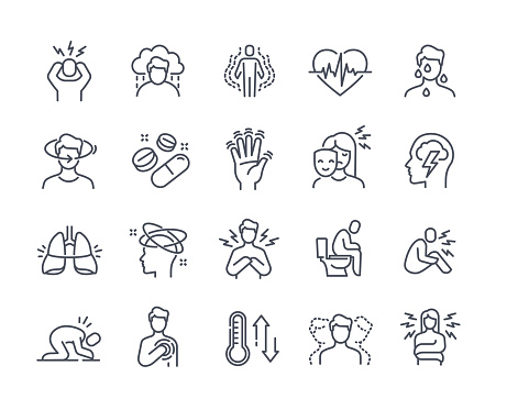 Panic disorder icon set. Thin simple stickers with people with headaches, depression, shock, stress, mental illness and clouding of mind. Cartoon flat vector collection isolated on white background