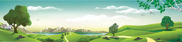 ilustrações, clipart, desenhos animados e ícones de panorama da natureza - montanhas, rios, colinas com árvores. - panorâmica