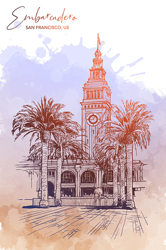 Panorama of the Embarcadero Ferry building in San Francisco and palm tree alley. Cityscape, urban hand drawing. Sketch on grunge spot background. EPS10 vector illustration.