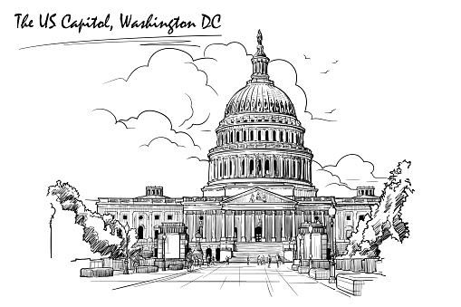 Front view of the US Capitol Building. Cityscape, urban hand drawing. Sketch isolated on white background. EPS10 vector illustration.