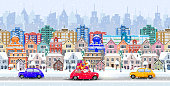 Christmas Santa Claus driving on car with giftbox on winter city street. seamless border panorama with a winter cityscape. vector illustration