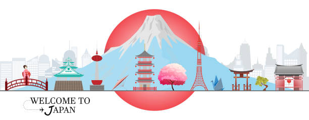 パノラマ旅行はがき、日本のツアー広告。ベクトルイラスト。 - 東京タワー点のイラスト素材／クリップアート素材／マンガ素材／アイコン素材