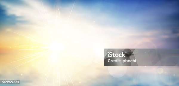 istock panorama twilight blurred gradient abstract background. colorful sea and sky with sunlight rays backdrop. vector illustration for your graphic design, banner or poster 909927334