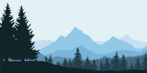 Panoramic view of mountain landscape with forest and hill under blue sky with clouds - vector illustration Panoramic view of mountain landscape with forest and hill under blue sky with clouds - vector illustration mountain backgrounds stock illustrations
