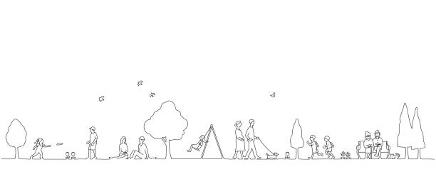 stockillustraties, clipart, cartoons en iconen met panoramic view of park and people landscape, background material, line drawing - pregnant couple outside