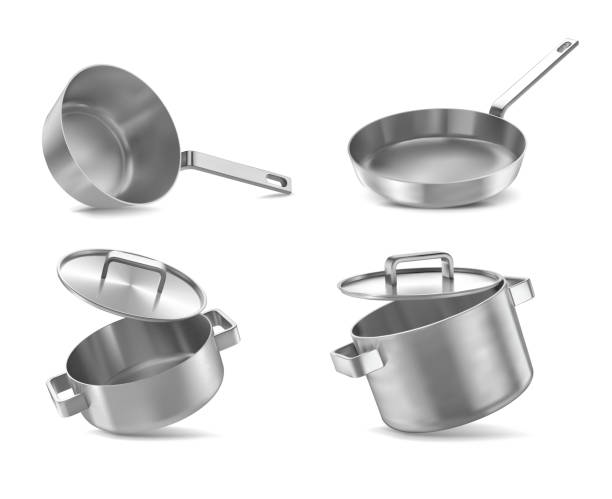 Pans and pots realistic set with frying pan saucepan and bowl isolated vector illustration Pans and pots realistic set with frying pan saucepan and bowl isolated vector illustration cooking pan stock illustrations