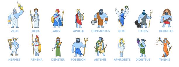 Pantheon of ancient Greek gods, Ancient Greece mythology. Set of cartoon characters with names. Flat vector illustration. Isolated on white background. Pantheon of ancient Greek gods, Ancient Greece mythology. Set of cartoon characters with names. Flat vector illustration, isolated on white background. images of ares god of war stock illustrations