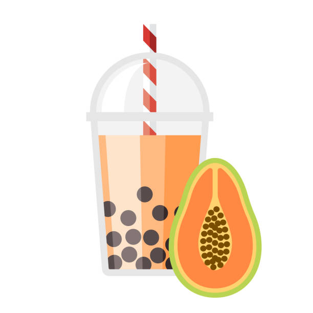 Papaya Bubble Tea Flavor Icon A flat design icon of bubble tea with tapioca pearls. File is built in CMYK for optimal printing, and uses Global color swatches for quick and easy color changing. papaya smoothie stock illustrations