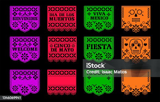 istock Papel picado. Day of the Dead. Dia de los muertos. vector with traditional mexican paper cut flags. space to write. Isolated on a black background. eps 10 1346069941