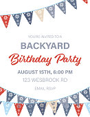 Template of a birthday party invitation. The invitation is set against a white background with rows of Papel Picado flag banners. Created with flat colors. Comes with a high resolution jpeg.