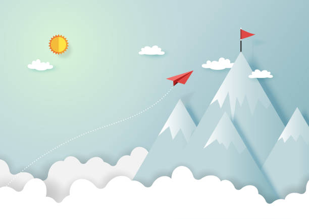 Paper airplane flying to top of mountain Paper airplanes flying to the top of mountains.Paper art style of start up and business vision creative concept idea.Vector illustration success backgrounds stock illustrations