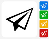 Paper Airplane Icon. This 100% royalty free vector illustration features the main icon pictured in black inside a white square. The alternative color options in blue, green, yellow and red are on the right of the icon and are arranged in a vertical column.