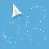 Flying paper airplane with dashed line, vector eps10 illustration