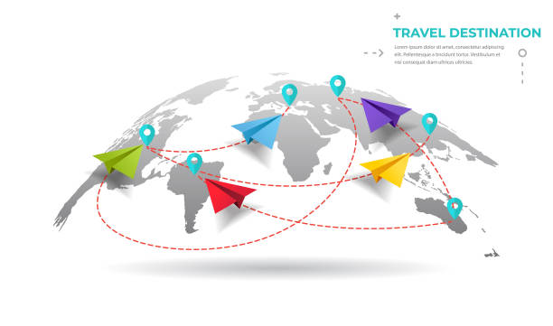 Paper airplanes flying around the world Colourful paper airplanes flying around the world. World map and global airlines continent geographic area stock illustrations