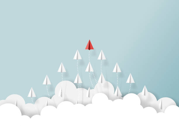 Paper airplanes teamwork flying from clouds Paper airplanes flying from clouds on blue sky.Paper art style of business teamwork creative concept idea.Vector illustration leadership backgrounds stock illustrations