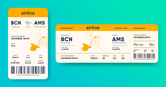 Paper and mobile boarding pass. Responsive design of airline ticket. Passenger travel data card mockup. Flight check-in document template. Portable e-ticket with journey map. Vector illustration.