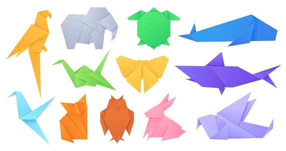Paper animals. Japanese origami folded toys birds, fox, butterfly, parrot and hare. Cartoon geometric wild animal shaped figures vector set. Illustration origami bird animal, paper toy folded
