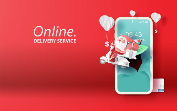 Paper art and craft of smartphone for online shopping summer Christmas your text space background.Santa Claus Delivery services on mobile phone concept.Application order internet.vector.illustration.  funny santa cartoons pictures stock illustrations