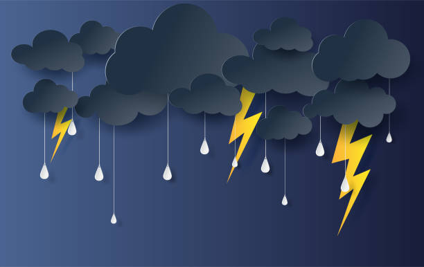 Paper art and craft style of black Cloud and Lightning rainy season on dark background.Thunder storm effects  flash shape outdoors.vector.illustration Paper art and craft style of black Cloud and Lightning rainy season on dark background.Thunder storm effects  flash shape outdoors.vector.illustration storm illustrations stock illustrations