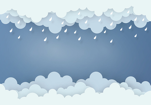 Paper art design style the concept is rainy season, Cloud and rain on dark background , vector design element illustration