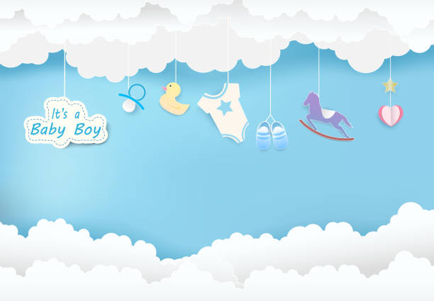 Paper art of cloud with toy shower on blue sky paper cut style, baby boy card illustration Paper art of cloud with toy shower on blue sky paper cut style, baby boy card illustration pregnant backgrounds stock illustrations