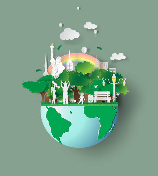 ilustrações de stock, clip art, desenhos animados e ícones de paper art of eco friendly family concept and earth with environment day.saving the world environment with family. children are playing in the grass park.digital paper craft style.vector illustration - happy traveling
