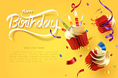 Paper art of falling cupcake, Happy birthday celebrate, vector art and illustration.