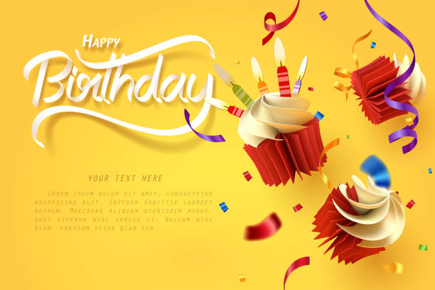 stockillustraties, clipart, cartoons en iconen met papier kunst van vallende cupcake, happy birthday celebrate - verjaardag