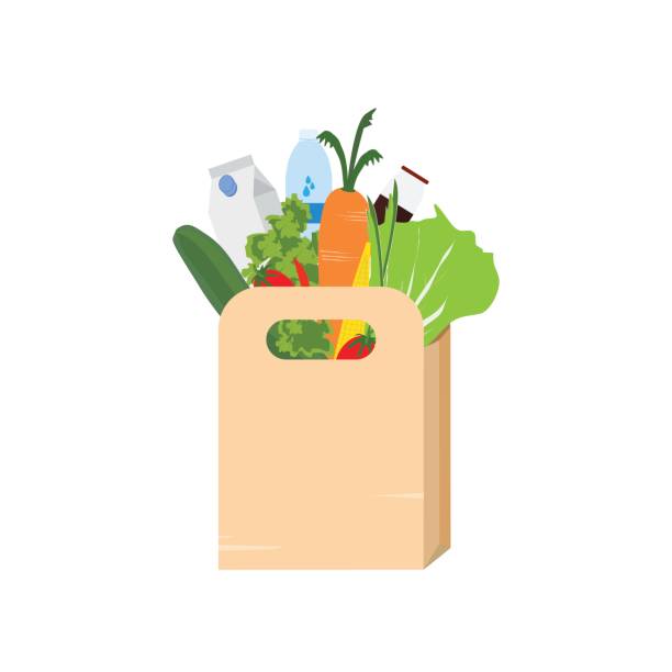 Paper bag full of grocery. Paper bag full of grocery isolated on white background. internet clipart stock illustrations