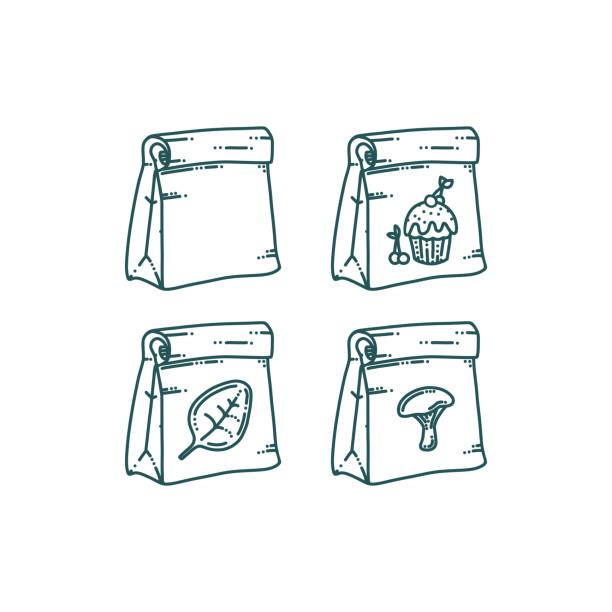 ilustrações de stock, clip art, desenhos animados e ícones de paper bag with different prints. takeaway paper bag with food or other products. doodle vector illustration - paper bag craft