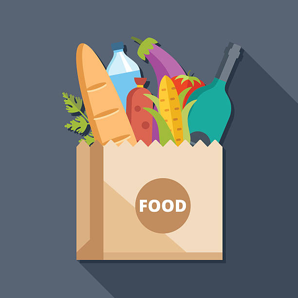 Paper bag with food flat illustration concept Paper bag with food flat illustration concept. Creative modern flat icon with long shadow. Vector illustration supermarket symbols stock illustrations