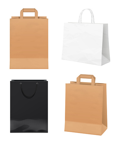 Paper bags. Empty store packages white black and craft paper merchandising identity bags vector realistic mockup
