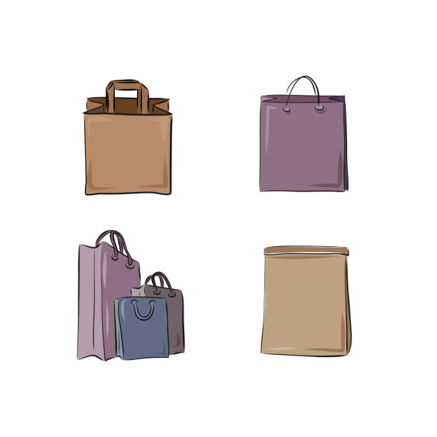 ilustrações de stock, clip art, desenhos animados e ícones de paper bags for carrying goods and products, for purchases and deliveries. vector illustration in sketch style and hand drawing. set for your creativity on a white background - paper bag craft
