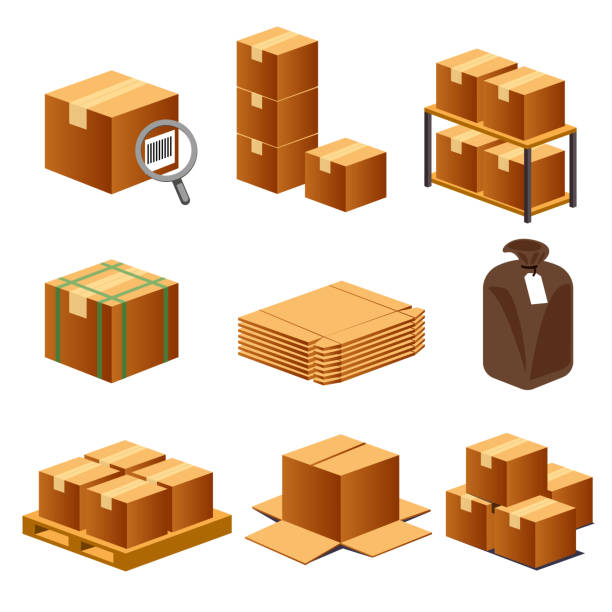 ilustrações de stock, clip art, desenhos animados e ícones de paper box for logistics isometric view concept set 2. element mapping transportation. - cardboard