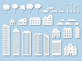 Paper buildings. Origami city houses with windows. Cardboard skyscrapers with lanterns, trees and benches. White paper cut vector design exterior town skyline park roof business office panoramic set