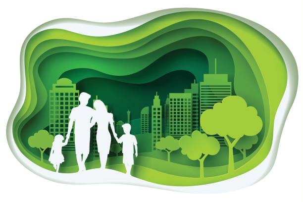 Paper carve to family and park on green town shape, paper art concept and ecology idea Paper carve to family and park on green town shape, paper art concept and ecology idea, vector art and illustration. family backgrounds stock illustrations