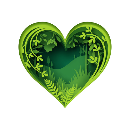 Paper carve to green forest heart shape, paper art concept and ecology idea