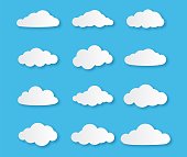Paper cloud. Different clouds on blue sky in origami design, cut paper empty cumulus cardboard symbol for messages vector set