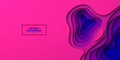 Modern and trendy background. Abstract design with wave shapes in a paper cut style. Background template for your design, with space for your text. (colors used: Pink, Purple, Blue). Vector Illustration (EPS10, well layered and grouped), wide format (2:1). Easy to edit, manipulate, resize or colorize.