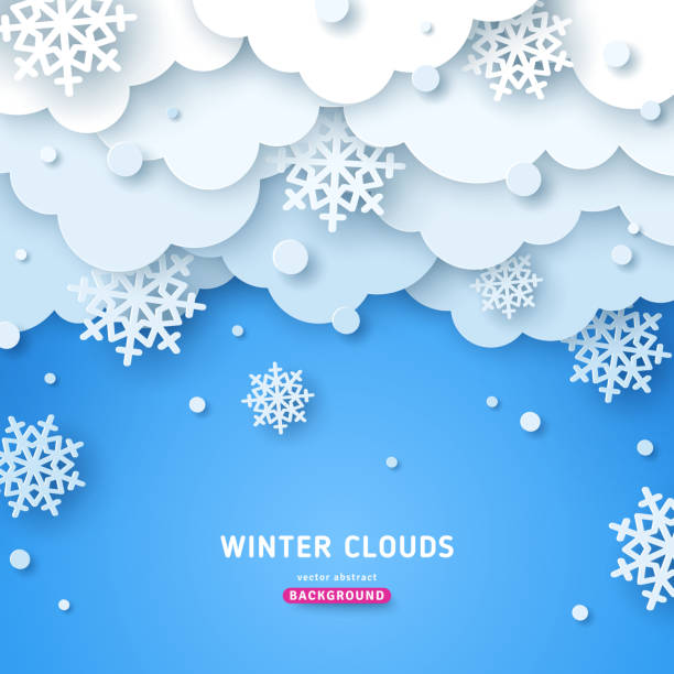 Paper cut clouds with snow Paper cut clouds with snow fall on blue sky background. Snowflakes holiday banner for Christmas and New Year Design. Vector illustration storm backgrounds stock illustrations